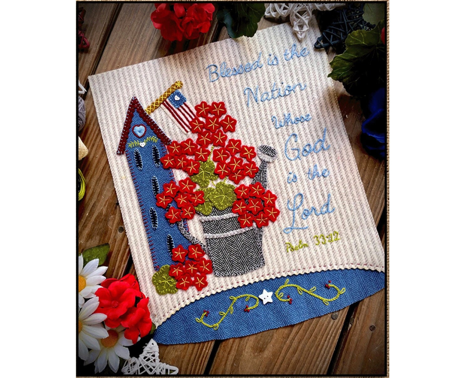 Blessed Nation Wool Applique Pattern With Embroidery - Scripture ...
