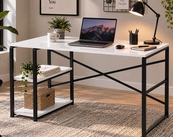 Modern Computer Desk with Shelves, Black Writing Desk, Home Office Desk, Metal Frame Desk