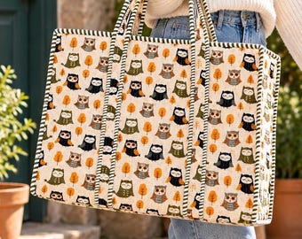 Quilted Owl Tote Bag, Autumn Print, Zipper Closure, Pockets, Everyday Shoulder Bag
