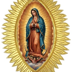 May include: An oval-shaped embroidered patch featuring the Virgin of Guadalupe. The figure wears a blue mantle with gold stars over a rose-colored gown, standing on a crescent moon held by an angel, all surrounded by a radiant gold sunburst.