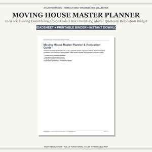 Peut inclure: Un document Moving House Master Planner avec un compte à rebours de 12 semaines, un inventaire de boîtes codé par couleur, des devis de déménageurs et un budget. Le texte indique Moving House Master Planner & Relocation Guide et printable binder.