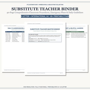 Substitute Teacher Binder 40 Pages, Emergency Sub Plans, Classroom Procedures & Feedback Forms, A4 and US Letter