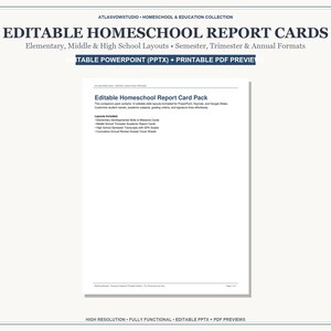 May include: A digital document titled Editable Homeschool Report Cards featuring elementary, middle, and high school layouts. The text includes semester, trimester, and annual formats, with a list of included layouts like academic report cards and transcripts.