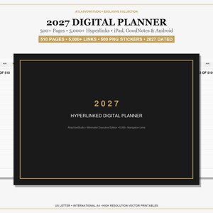 Peut inclure: Un agenda numérique 2027 avec une couverture noire et une bordure dorée. Le texte inclut 2027 DIGITAL PLANNER, 500+ Pages, 5,000+ Hyperlinks, iPad, GoodNotes & Android, 510 PAGES, 5,000+ LINKS, 500 PNG STICKERS, 2027 DATED, US LETTER + INTERNATIONAL A4.