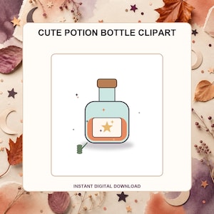 Peut inclure: Un graphique numérique représentant une bouteille de potion carrée avec un corps bleu clair, un bouchon marron et une étiquette orange ornée d'une étoile jaune. La bouteille est entourée de petites étoiles et porte le texte CUTE POTION BOTTLE CLIPART et INSTANT DIGITAL DOWNLOAD.