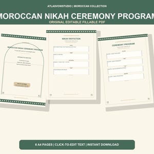 Peut inclure: Un ensemble de trois modèles numériques de programme de cérémonie de Nikah marocain sur papier crème avec des bordures vert foncé. Les documents comportent des champs de texte pour les invitations et les programmes, avec des titres comme NIKAH INVITATION et CEREMONY PROGRAM, dans une mise en page claire et organisée.