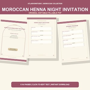 May include: Three A4 pages of a Moroccan Henna Night invitation template in a cream and maroon color scheme. The documents feature editable fields for event details, an evening program, and an arched design element with the text Moroccan Henna Night Invitation.