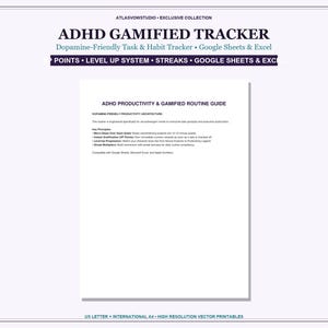 Peut inclure: Un document numérique ADHD Gamified Tracker présentant un guide de productivité et de routine. Le texte inclut des titres tels que Dopamine-Friendly Task & Habit Tracker, Points, Level Up System, Streaks et compatibilité Google Sheets & Excel.