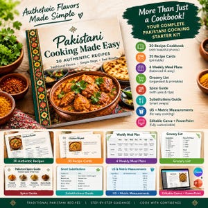 Könnte beinhalten: Ein Starter-Set für pakistanische Küche mit dem Kochbuch Pakistani Cooking Made Easy, das 30 authentische Rezepte, Rezeptkarten, wöchentliche Essenspläne, eine Einkaufsliste, einen Gewürzführer und bearbeitbare digitale Dateien enthält.
