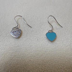 Vintage Inspired 925 Sterling Silver Enamel Heart Dangle Earrings, Diamond Accent, Mismatched Retro Earrings, Gift for Her
