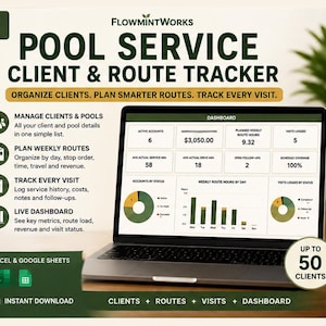 May include: A laptop displaying a Flowmintworks pool service client and route tracker dashboard. The screen shows metrics, charts, and data fields for managing clients, weekly routes, and service visits, compatible with Excel and Google Sheets.