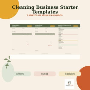 Puede incluir: Plantillas de inicio para negocio de limpieza con 5 documentos comerciales listos para usar. La imagen muestra un presupuesto de limpieza, una factura y una lista de verificación residencial con encabezados verde oscuro y fondo crema.