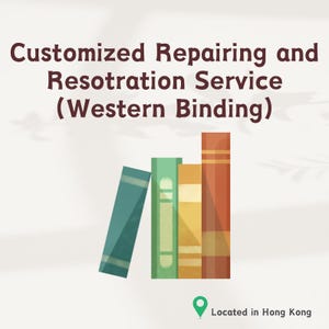 Könnte beinhalten: Eine grafische Darstellung von vier Büchern mit unterschiedlich farbigen Buchrücken in Blaugrün, Grün, Gelb und Orange. Der Text lautet: Customized Repairing and Resotration Service (Western Binding) und Located in Hong Kong mit einem grünen Pin.