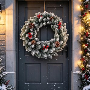 Pode incluir: Uma guirlanda de Natal circular com agulhas de pinheiro verdes nevadas, pinhas castanhas e cachos de bagas vermelhas brilhantes. A guirlanda está montada numa porta cinzento-escura, rodeada por uma guirlanda a condizer com luzes quentes.