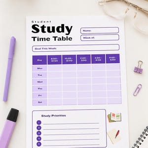 May include: A white student study time table planner sheet with purple accents. The document features sections for name, week, goal, a weekly schedule grid with time slots from 8:00 to 5:00, and a numbered study priorities list with five lines.