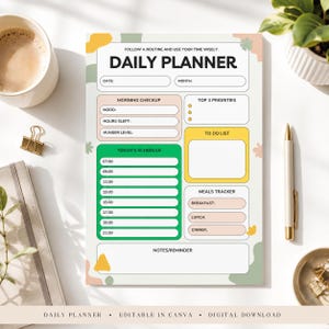 May include: A daily planner sheet with a white background and colorful abstract shapes. The header reads DAILY PLANNER and includes sections for date, month, morning checkup, top 3 priorities, a to-do list, a schedule from 07:00 to 21:00, meals tracker, and notes.