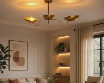 Gold Brass Ceiling Light, Modern 3 Arm Chandelier, Minimalist Pendant Lamp, Elegant Dining Room and Living Room Lighting