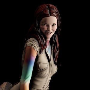 May include: A figurine of a person with long dark reddish-brown hair, wearing a beige sleeveless vest with a collar and pockets. The figure has a light skin tone, a wide smile, and a gradient of blue and purple light cast across the right arm.
