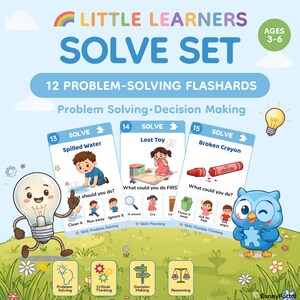 Puede incluir: Un conjunto de 12 tarjetas educativas Little Learners Solve Set para edades de 3 a 6 años. Las tarjetas muestran ilustraciones de niños enfrentando situaciones como agua derramada, un juguete perdido o un crayón roto, con opciones de solución.