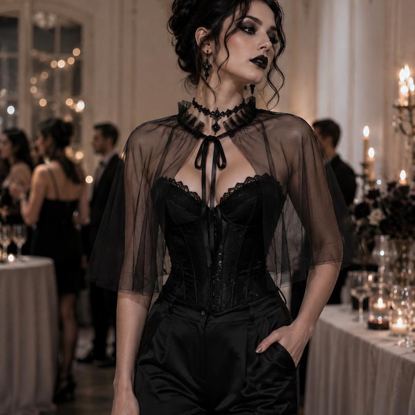 Black Gothic Tulle Cape – Sheer Ruffle Capelet