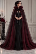 Black Red Gothic Tulle Cape, Extra Full Vampire Cloak, 150cm Victorian Ruffle Collar Cape, Halloween Witch Costume for Women
