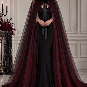 Black Red Gothic Tulle Cape, Extra Full Vampire Cloak, 150cm Victorian Ruffle Collar Cape, Halloween Witch Costume for Women