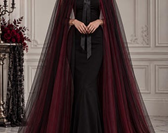 Black Red Gothic Tulle Cape, Extra Full Vampire Cloak, 150cm Victorian Ruffle Collar Cape, Halloween Witch Costume for Women