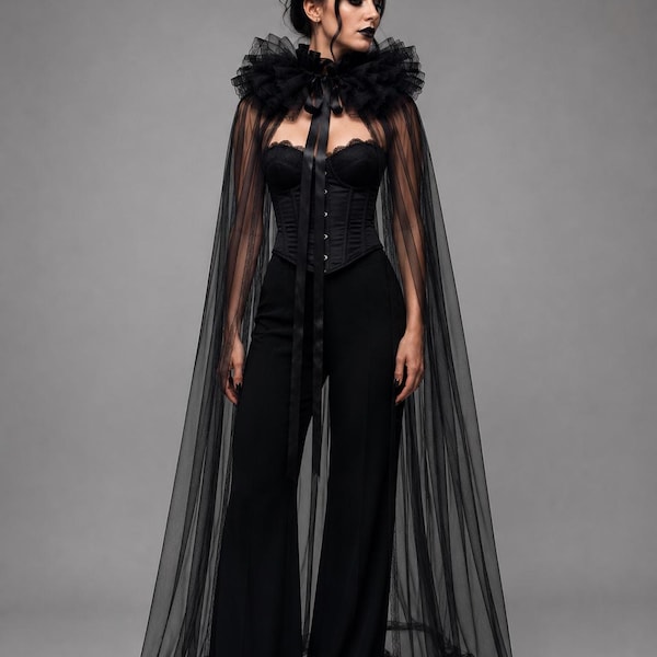 Gothic Black Tulle Cape with Puffy Collar / Victorian Gothic Costume /  Vampire Halloween Accessory