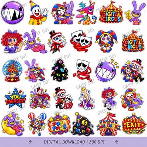 Può includere: Una collezione di adesivi digitali colorati con personaggi e immagini a tema circense tratti da The Amazing Digital Circus. Il set include varie illustrazioni di giullari, una creatura viola con denti, maschere teatrali e insegne con testo come Digital Circus, You Parasite, Fun Pass, Welcome e Exit.