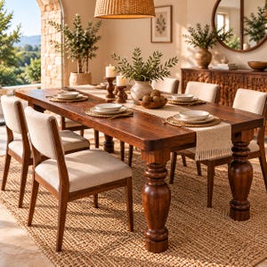 May include: A large rectangular wooden dining table with thick turned legs, surrounded by four chairs with beige upholstered seats. The table is set with white plates, woven placemats, a beige table runner, candles, and a central bowl of greenery.