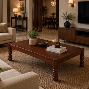 May include: A rectangular dark brown wooden coffee table with four turned, stacked-ball legs. The table surface holds a light-colored ceramic pot with a green plant, a small dark bowl, a brown glass candle, and two stacked white books.