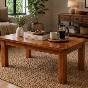 May include: A rectangular coffee table made of polished brown wood with four sturdy legs. On the surface sits a white ribbed vase with greenery, a wooden bowl with dark spheres, two stacked books, a ceramic mug, and a glass French press coffee maker.