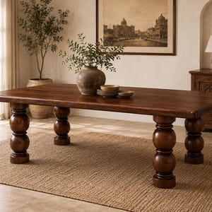 Puede incluir: Una mesa de comedor rectangular grande hecha de madera de color marrón oscuro con una superficie lisa. La mesa cuenta con cuatro patas gruesas y resistentes, cada una diseñada con una serie de formas esféricas apiladas y redondeadas.