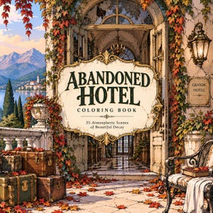 May include: A coloring book titled Abandoned Hotel with the subtitle 35 Atmospheric Scenes of Beautiful Decay. The cover features an illustration of an old hotel entrance with luggage, autumn leaves, and a view of mountains and a lake.