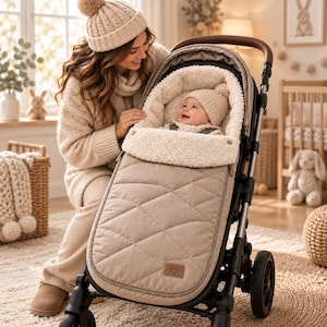 May include: A beige quilted stroller footmuff with a cream-colored sherpa lining and a small brown leather-like patch featuring a heart icon. The footmuff is attached to a black stroller frame with a brown handle and contains a baby wearing a beanie.