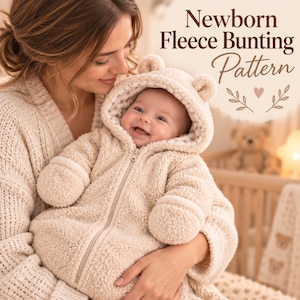 May include: A beige fleece bunting for a newborn with a hood featuring small bear ears and a front zip closure. The interior of the hood is lined with a light fabric featuring a small brown star pattern. Text reads Newborn Fleece Bunting Pattern.