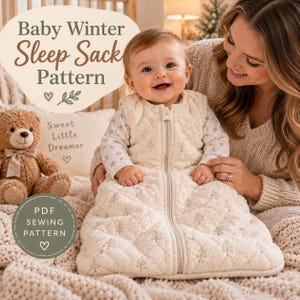 Op de afbeelding: Een crèmekleurige gewatteerde babyslaapzak met een subtiel bruin boompjespatroon, een ritssluiting aan de voorzijde en een mouwloos ontwerp. De tekst Baby Winter Sleep Sack Pattern en PDF Sewing Pattern is zichtbaar.