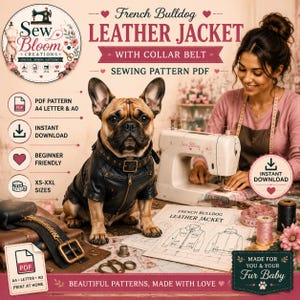 May include: A digital sewing pattern for a French Bulldog leather jacket with a collar belt. The image features a French Bulldog wearing a black leather jacket, a sewing machine, and printed pattern instructions labeled French Bulldog Leather Jacket.