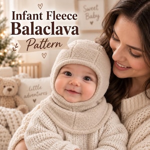 May include: A beige infant fleece balaclava with a textured, fuzzy surface that covers the head and neck. The image includes the text "Infant Fleece Balaclava Pattern" in dark brown lettering, along with decorative heart and leaf icons.