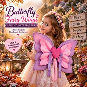 May include: A sewing pattern PDF for Butterfly Fairy Wings featuring text that reads Butterfly Fairy Wings, SEWING PATTERN PDF, Create Magical Handmade Costumes, and KIDS & ADULT SIZES INCLUDED. The image shows purple and pink fabric wings.