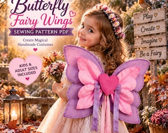 May include: A sewing pattern PDF for Butterfly Fairy Wings featuring text that reads Butterfly Fairy Wings, SEWING PATTERN PDF, Create Magical Handmade Costumes, and KIDS & ADULT SIZES INCLUDED. The image shows purple and pink fabric wings.