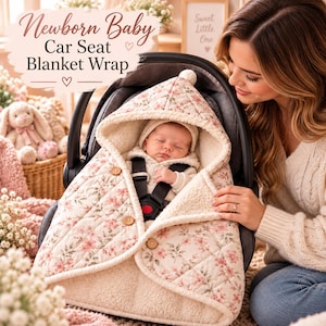 May include: A quilted newborn baby car seat blanket wrap featuring a cream background with a pink floral pattern, a hooded design, and three wooden buttons. The interior is lined with cream-colored sherpa fabric, and the text reads Newborn Baby Car Seat Blanket Wrap.