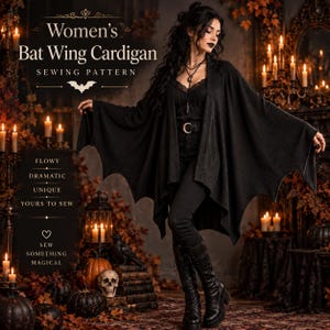 May include: A black bat wing cardigan sewing pattern featuring text that reads Women's Bat Wing Cardigan SEWING PATTERN, Flowy, Dramatic, Unique, Yours to sew, and Sew something magical. The garment has a draped, open front with pointed hem edges.