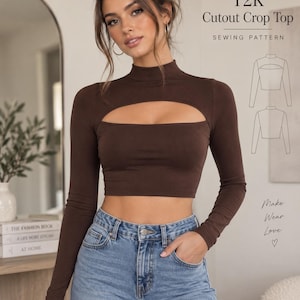 May include: A dark brown long-sleeve crop top with a mock neck and a horizontal cutout across the chest. The image includes text reading Y2K Cutout Crop Top SEWING PATTERN, a technical line drawing of the garment, and the words Make Wear Love.