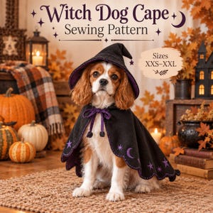 Häxhundkappa sömnadsmönster PDF, Halloween husdjurskostym, spetsig häxhatt och hundkappa, valpkostymmönster, XXS–XXL