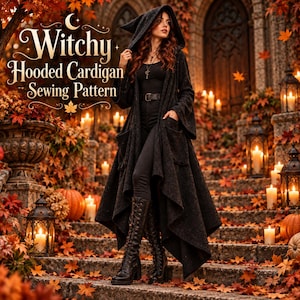 May include: A black hooded cardigan with long sleeves, a pointed hood, and large pockets. The text "Witchy Hooded Cardigan Sewing Pattern" is displayed in white lettering above the garment, set against a backdrop of autumn leaves.