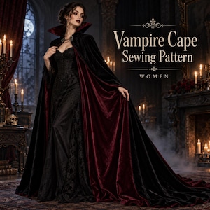Puede incluir: Una capa larga de terciopelo negro con forro rojo intenso y cuello alto, sobre un vestido de encaje negro. El texto Vampire Cape Sewing Pattern WOMEN aparece en la esquina superior derecha sobre un fondo de interior oscuro.