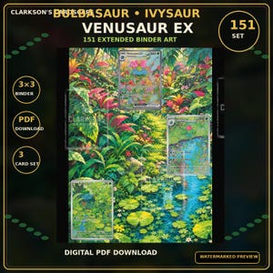 Könnte beinhalten: Ein digitaler PDF-Download mit 151 erweitertem Ordner-Artwork für Bulbasaur, Ivysaur und Venusaur EX. Das Bild zeigt eine üppige, lebendige Dschungelszene mit einem fließenden Bach und Seerosen, in die drei Sammelkarten in das Design integriert sind.