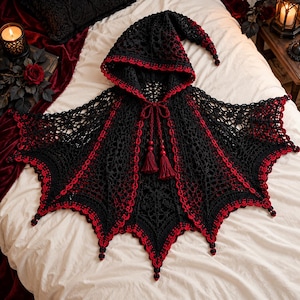Crochet Bat Wing Cape Pattern PDF, Halloween Vampire Shawl, Gothic Lace Capelet, Black Red Witchy Crochet Costume for Women