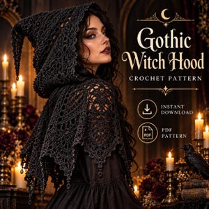 Könnte beinhalten: Eine schwarze Häkelkapuze mit kompliziertem Spitzenmuster und spitzen Kanten. Der Text lautet: Gothic Witch Hood, CROCHET PATTERN, INSTANT DOWNLOAD, PDF PATTERN. Das Design umfasst eine spitze Kapuze und ein schaalartiges Teil mit Quasten.